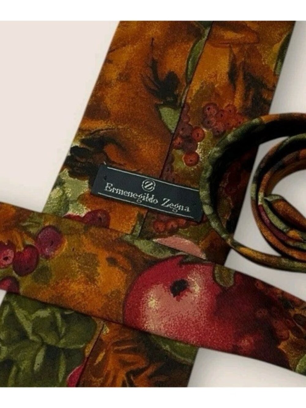 ERMENEGILDO ZEGNA Silk Tie ITALY Brown Green Fruit Leaf W:3.7" EUC - Picture 2 of 6